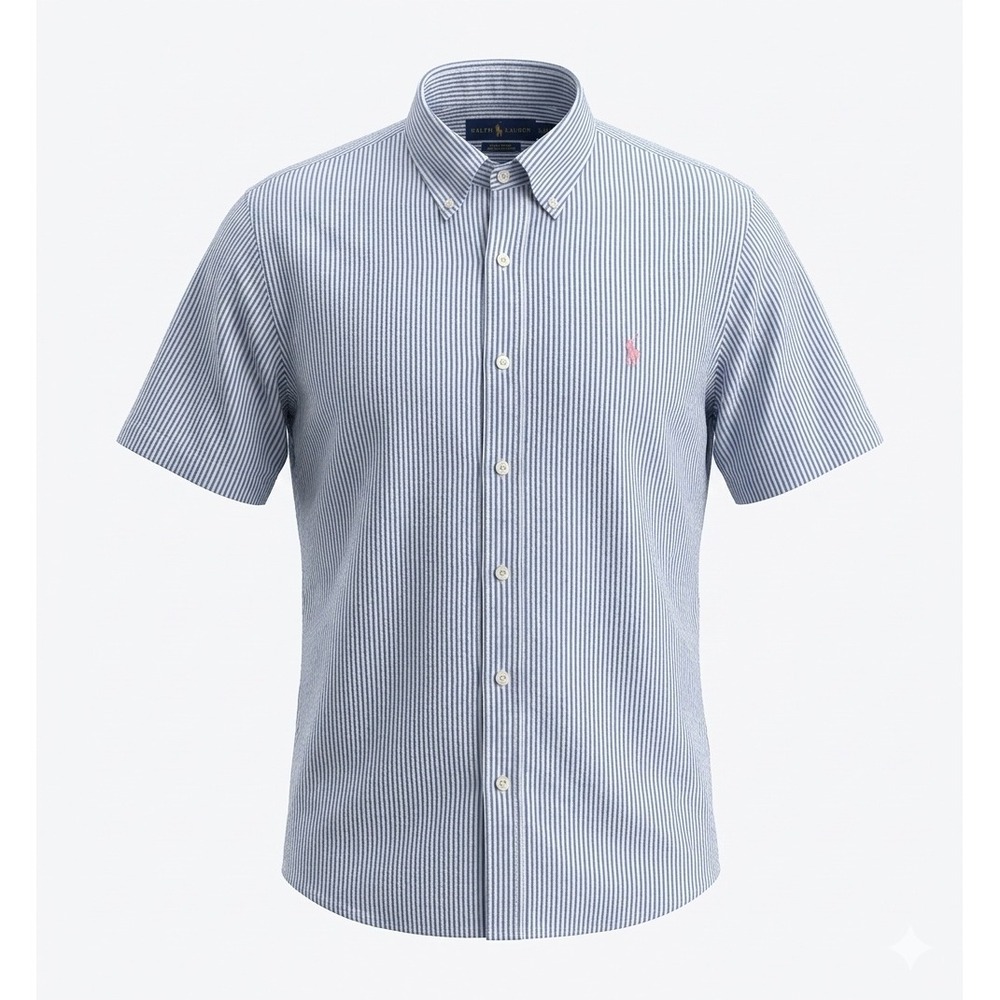 Ralph Lauren Button Down Mens XL Blue Seersucker Short Sleeve Striped Preppy